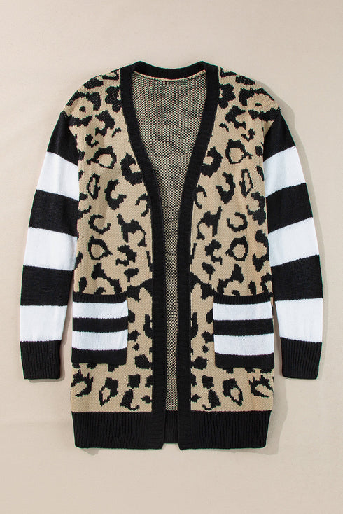 Stripe Sleeve Leopard Print Open Front Cardigan With Pockets